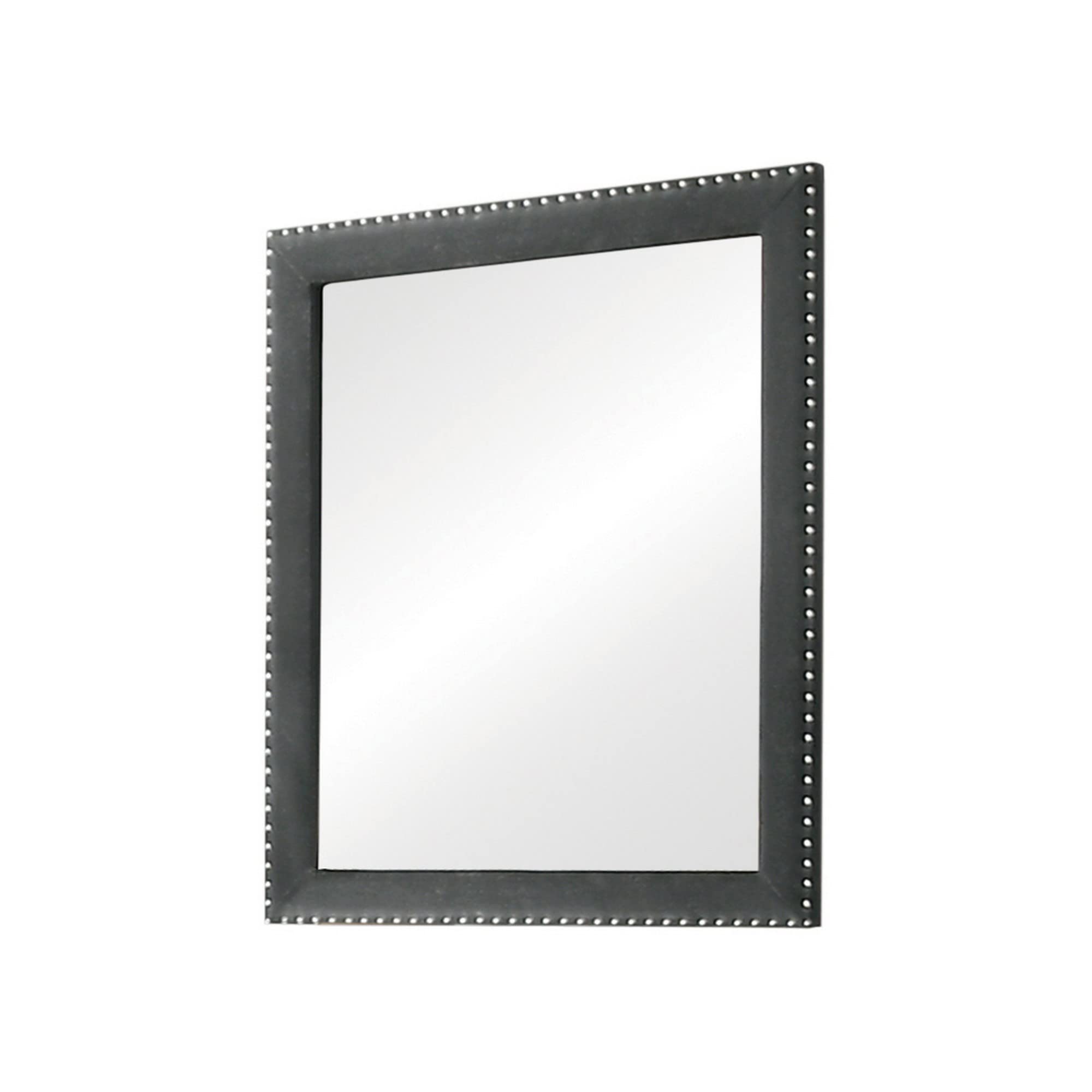 Cale 40 Inch Modern Portrait Mirror, Velvet Upholstery, Nailhead Trim, Gray
