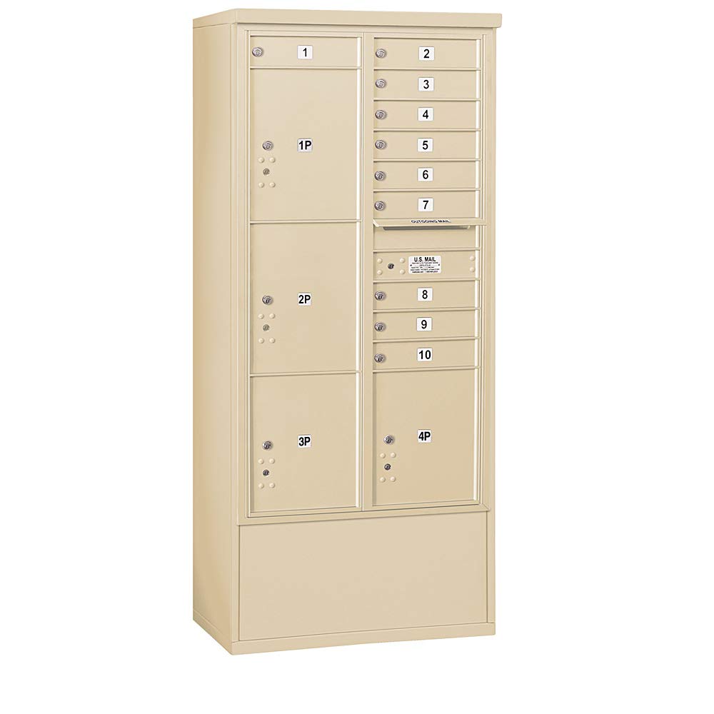 Maximum Height Free-Standing 4C Horizontal Mailbox with 10 Doors and 4 Parcel Lockers in Sandstone with USPS Access
