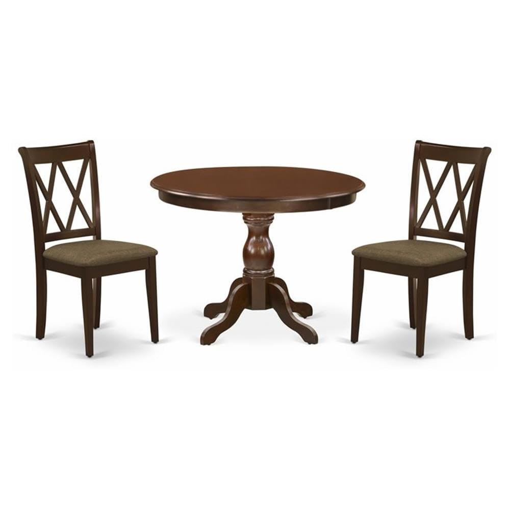 East West Furniture HBCL3-MAH-C 3 Piece Dining Room Table Set - Mahogany Wood Table and 2 Mahogany Linen Fabric Dining Room Chairs with Double X-Back - Mahogany Finish