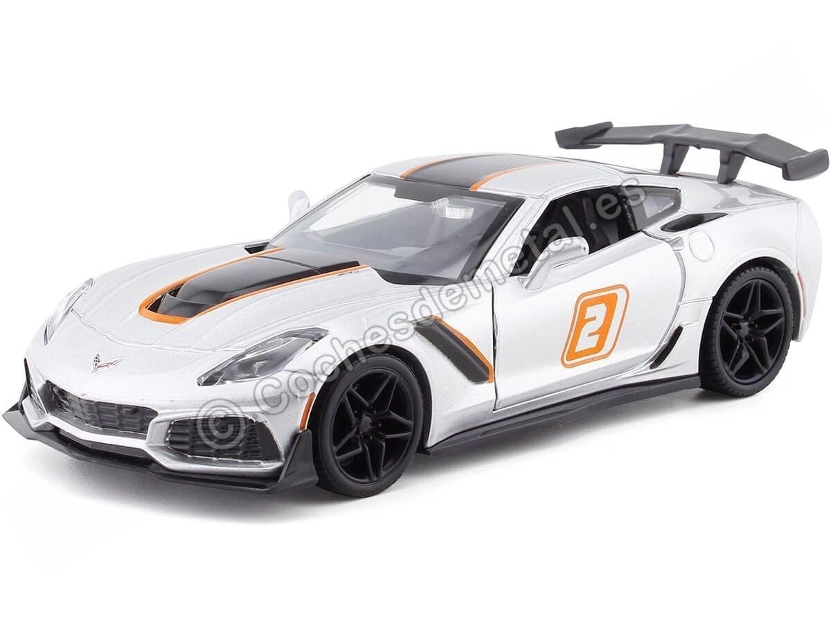 2019 Chevrolet Corvette ZR1 #2 Silver with Black and Orange Stripes GT Racing Series 1/24 Diecast Model Car by Motormax