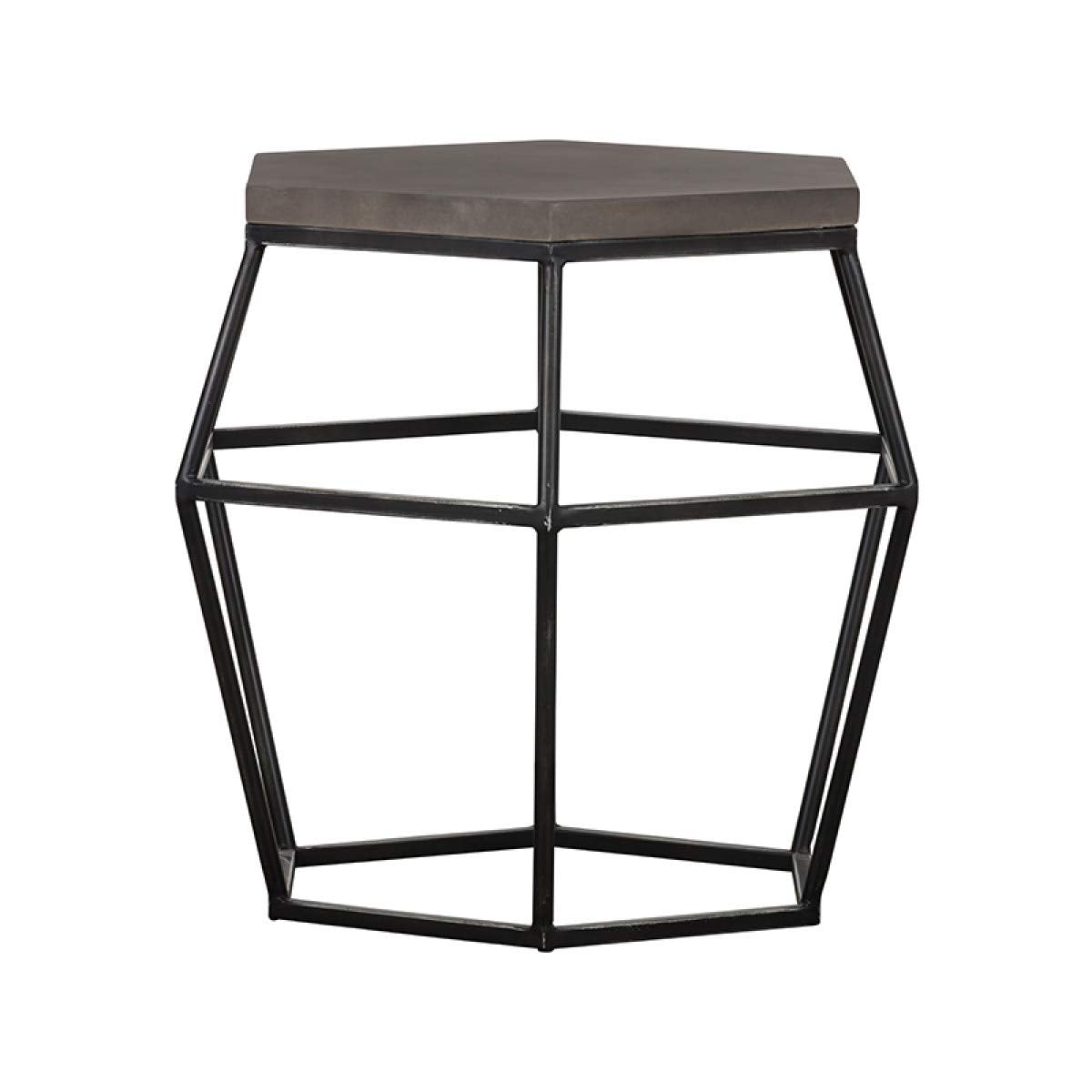 Benjara Hexagonal Concrete End Table With Metal Base, Gray And Black