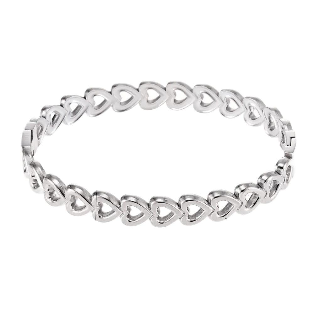 Elegant Stainless Steel Heart Link Bracelet  61mm Inner Diameter, 17g