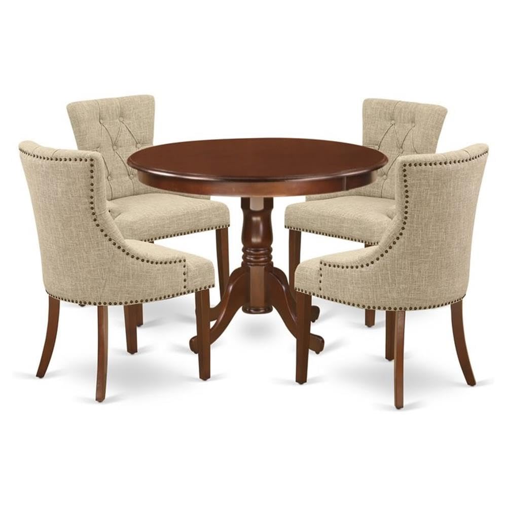 HLFR5-MAH-05 5Pc Dining Set Includes a Round Dinette Table and Four Parson Chairs with Doeskin Fabric, Mahogany Finish