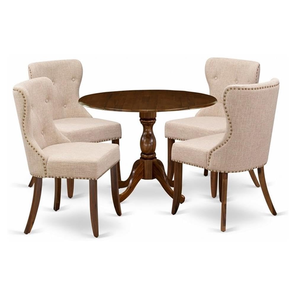 East West Furniture DMSI5-AWA-04 5 Piece Dining Table Set Consists of 1 Drop Leaves Dining Table and 4 Light Tan Linen Fabric Kitchen Chairs Button Tufted Back with Nail Heads - Acacia Walnut Finish