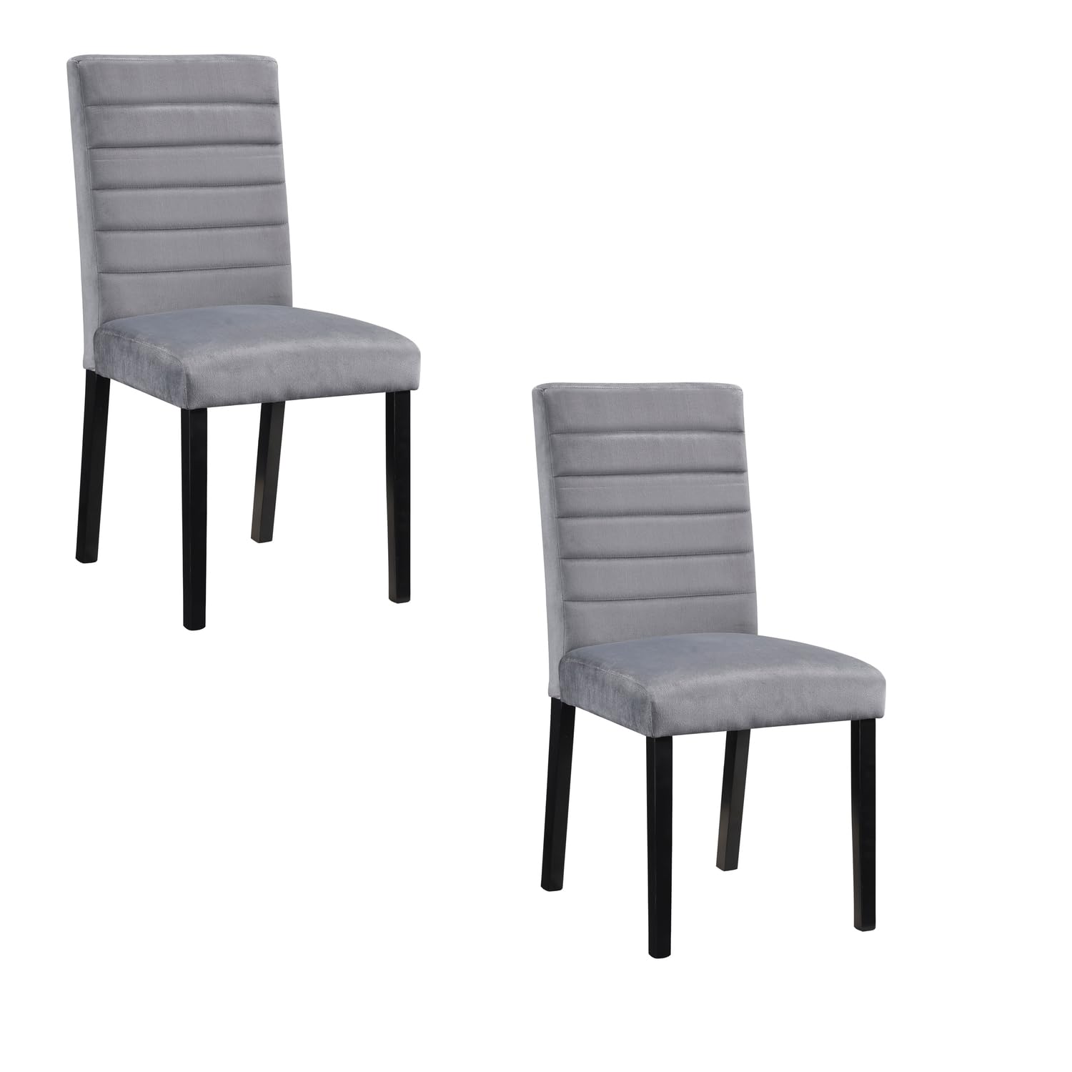 Andy 18 Inch Side Dining Chairs Set of 2, Channel Tufted Gray Velvet, Black Wood