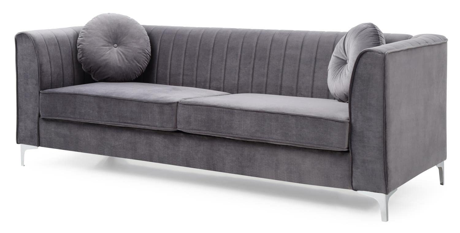 Delray 87 in. Gray Velvet 2-Seater Sofa with 2-Throw Pillow