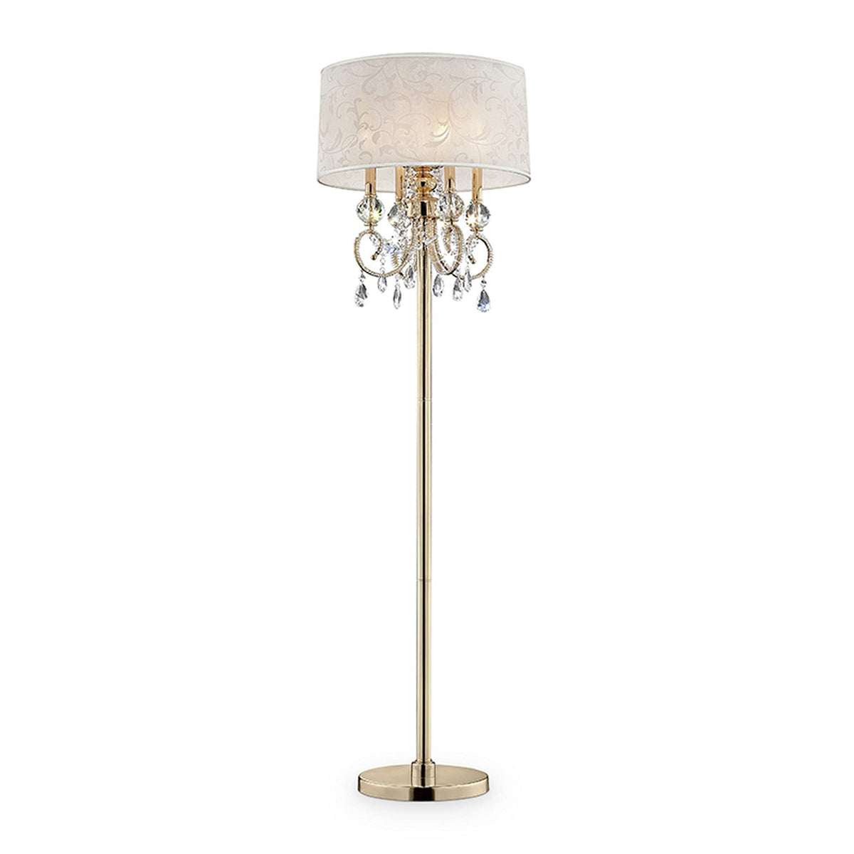 Benjara Floor Lamp With Crystal Accent And Baroque Printed Shade, Gold