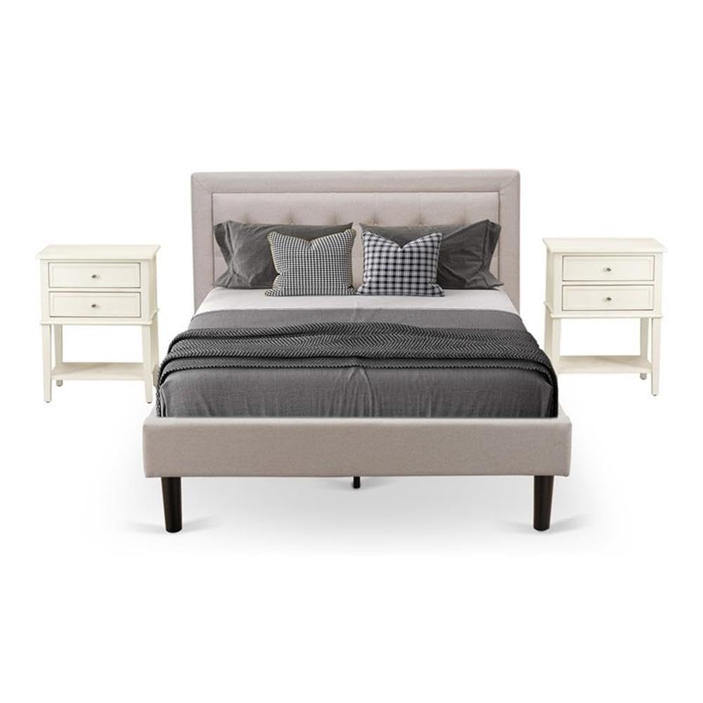 FN08K-2VL0C 3-Piece Platform Wooden Set for Bedroom with 1 King Size Bed and 2 Night Stands - Reliable and Durable Construction - Mist Beige Linen Fabric