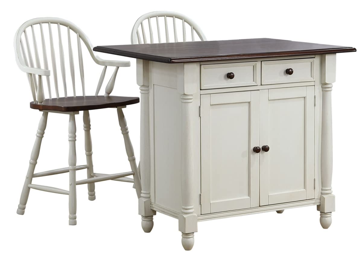 Sunset Trading Andrews Antique White Expandable Kitchen Island with Counter Height Stools with Arms | Chestnut Brown Drop Leaf Top | Drawers and Cabinet