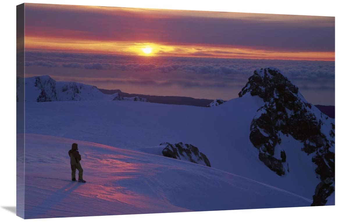 Skier on Franz Josef Glacier watching sunset over the Tasman Sea, Westland NP-Canvas Art-36x24”