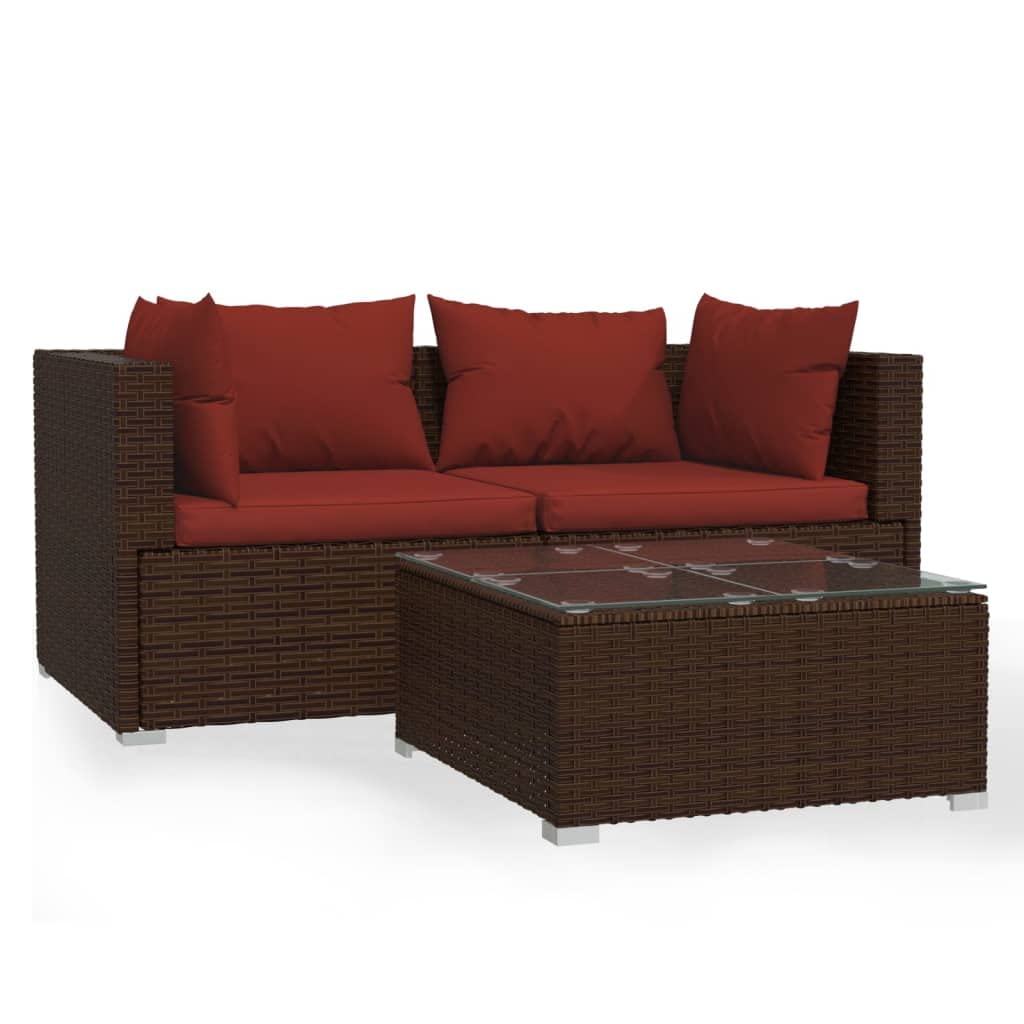 vidaXL 3 Piece Patio Lounge Set with Cushions Brown Poly Rattan