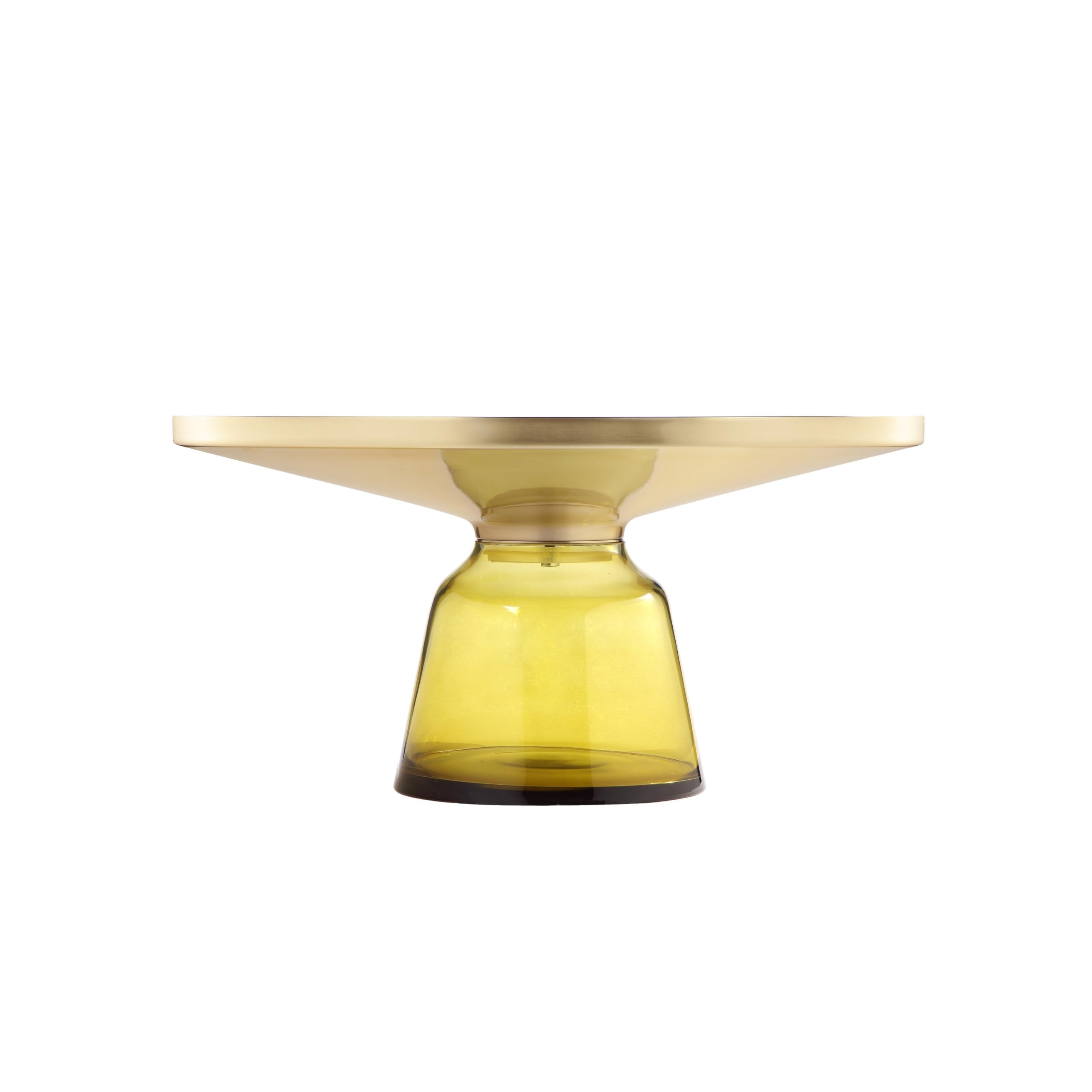 Len 30 Inch Coffee Table, Yellow Blown Glass Bell Base, Funnel Gold Steel