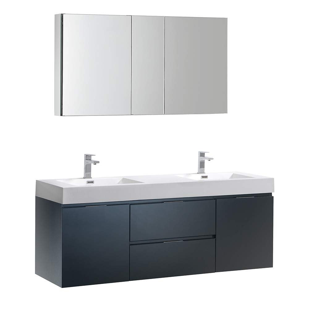 Fresca Valencia 60 Inch Dark Slate Gray Wall Hung Double Sink Modern Wood Bathroom Vanity And Medicine Cabinet - Faucet Sold Sep