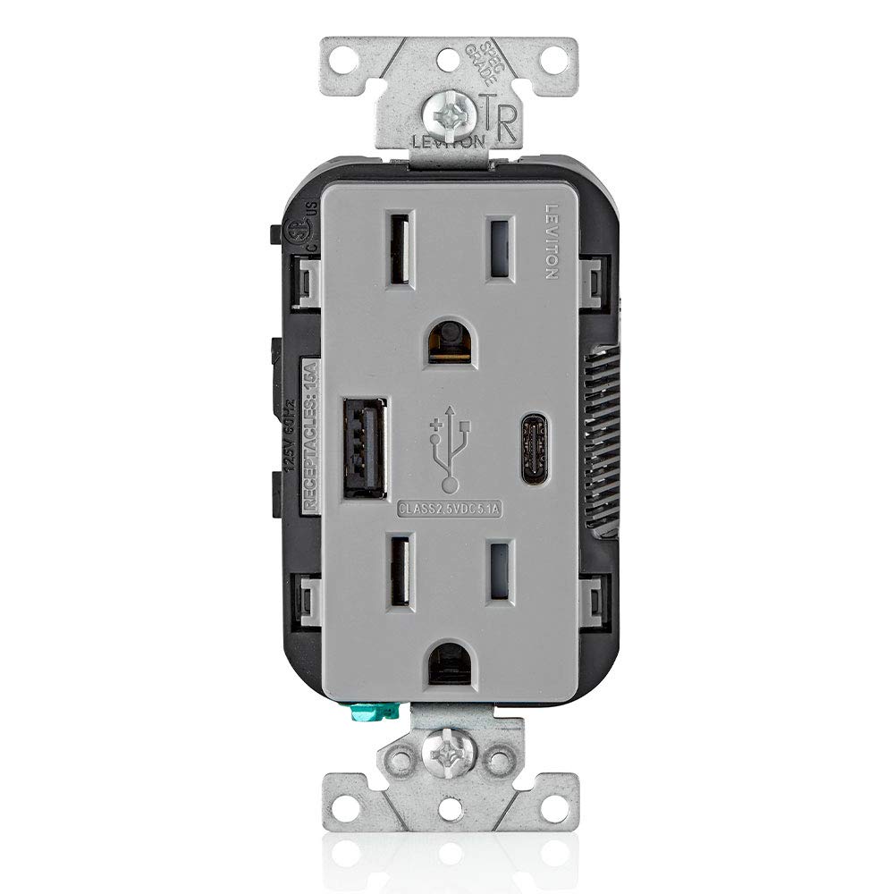 Leviton T5633-Gy 15-Amp Type A & Type-C Usb Chargertamper Resistant Outlet, Not For Laptops, Gray