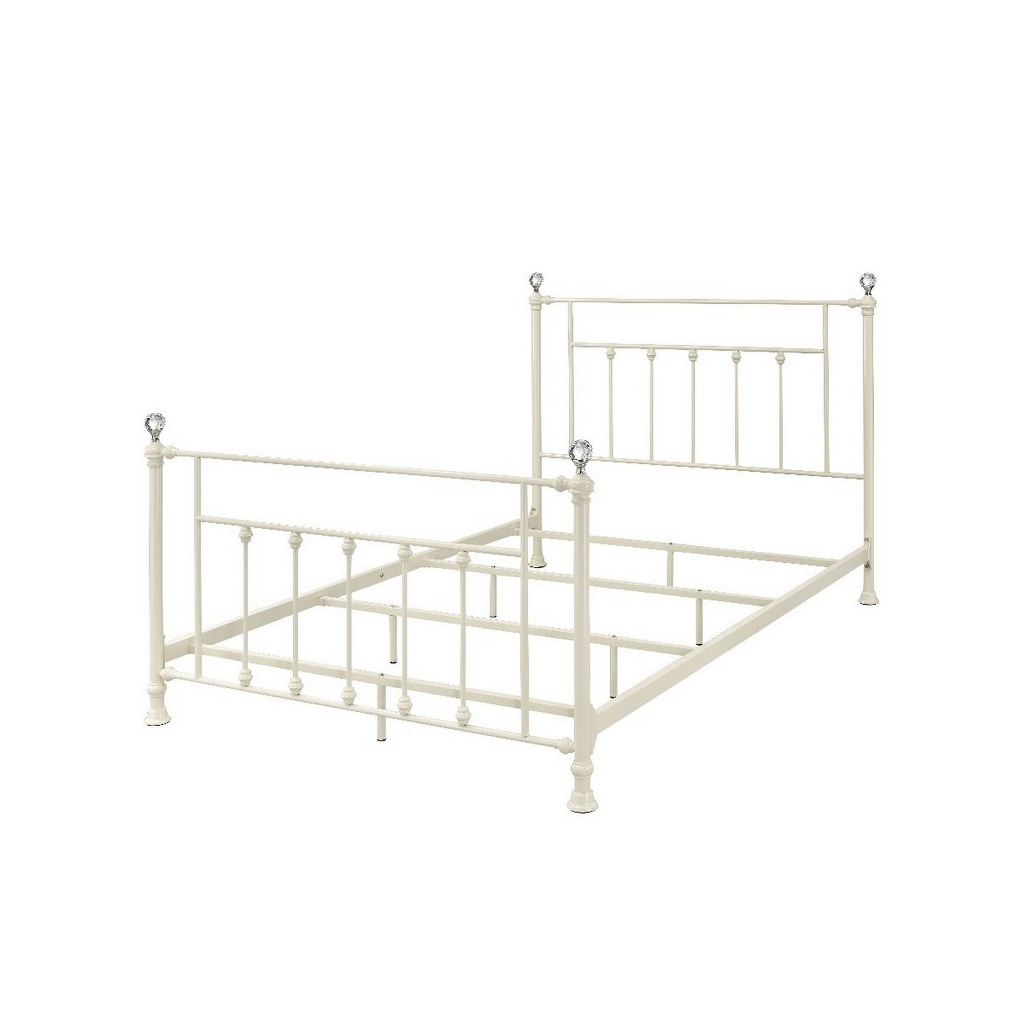Rectangular Metal Full Size Bed with Crystal Trims, White