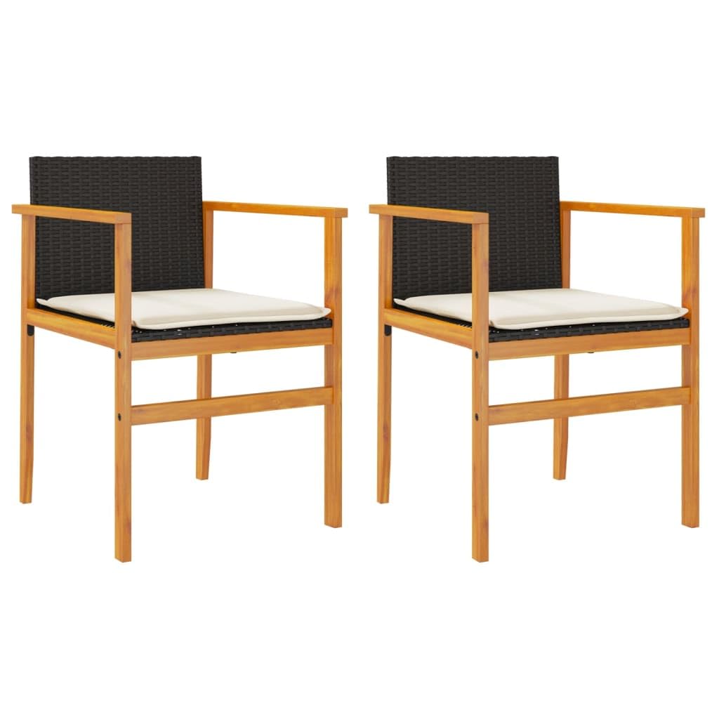 vidaXL Patio Chairs with Cushions 2 pcs Black Poly Rattan&Solid Wood