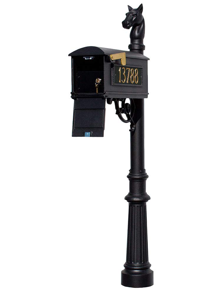 Lewiston Equine Mailbox Post System with Locking Insert, fluted base, horsehead finial and 3 cast aluminum personalized address plates, Black