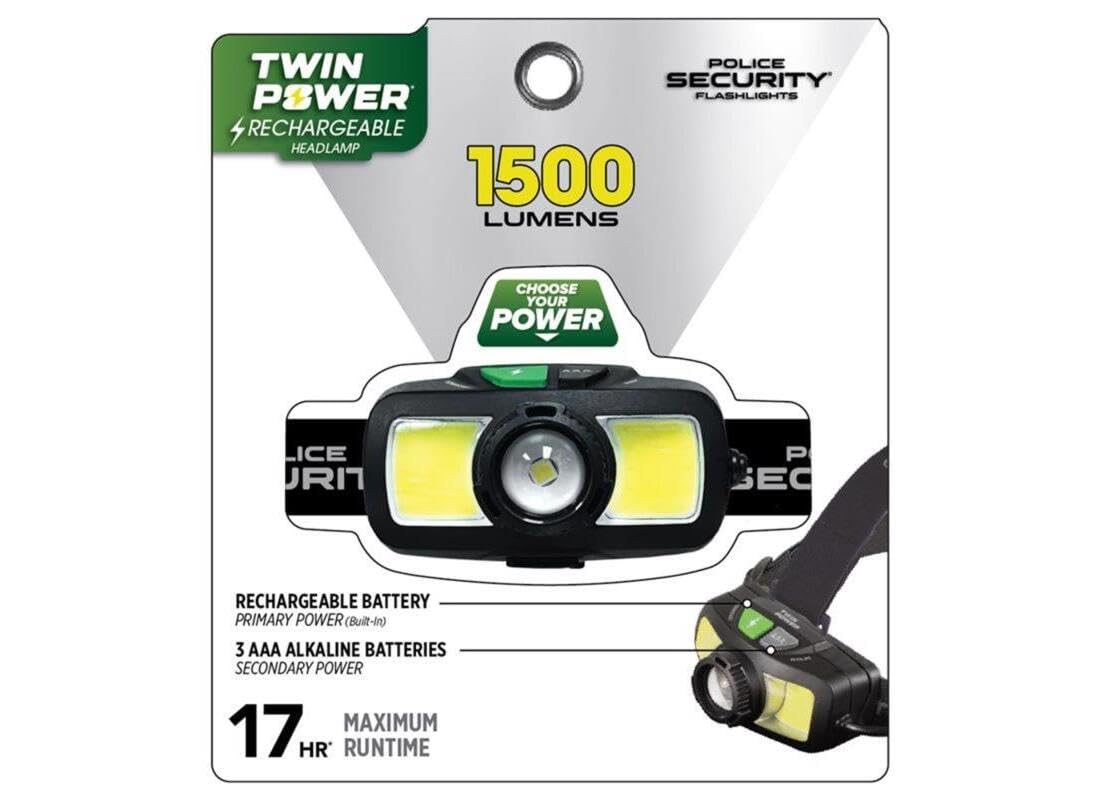 Police Security 1500 lm Black LED Rechargeable Head Lamp AAA Battery, (Pack of 1)
