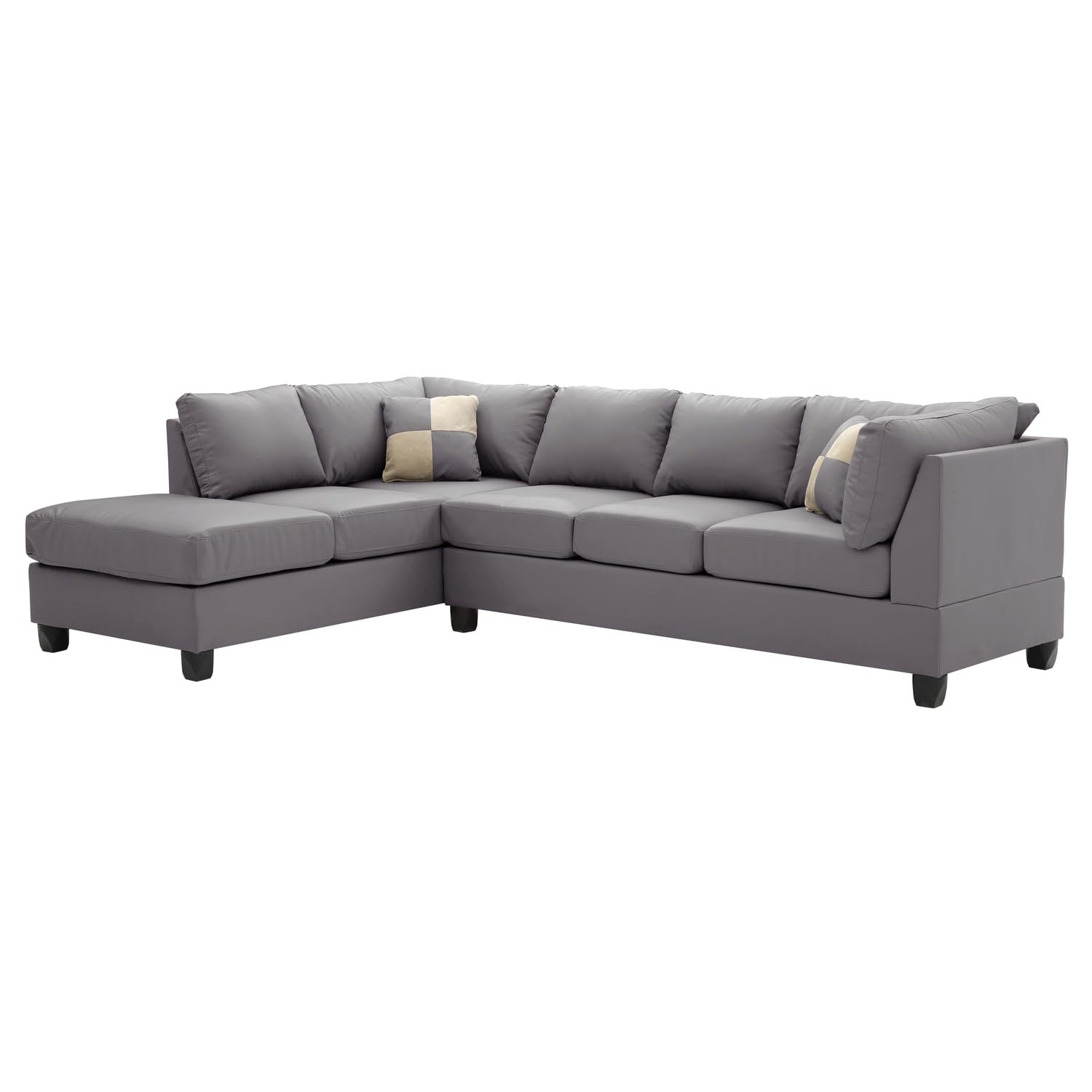 Malone 111 in. Gray Faux Leather 4-Seater Sectional Sofa with 2-Throw Pillow