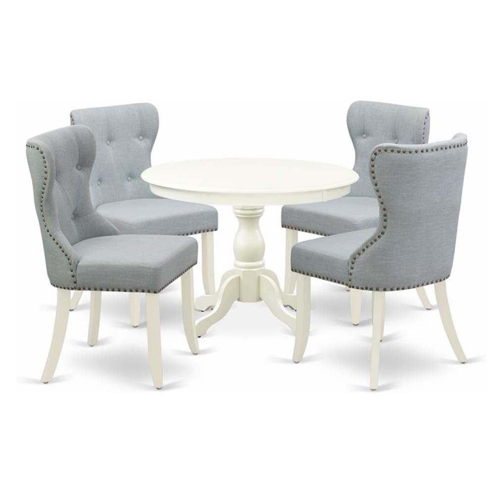 East West Furniture HBSI5-LWH-15 5 Piece Dining Room Table Set - Linen White Dining Room Table and 4 Baby Blue Linen Fabric Modern Chairs Button Tufted Back with Nail Heads - Linen White Finish