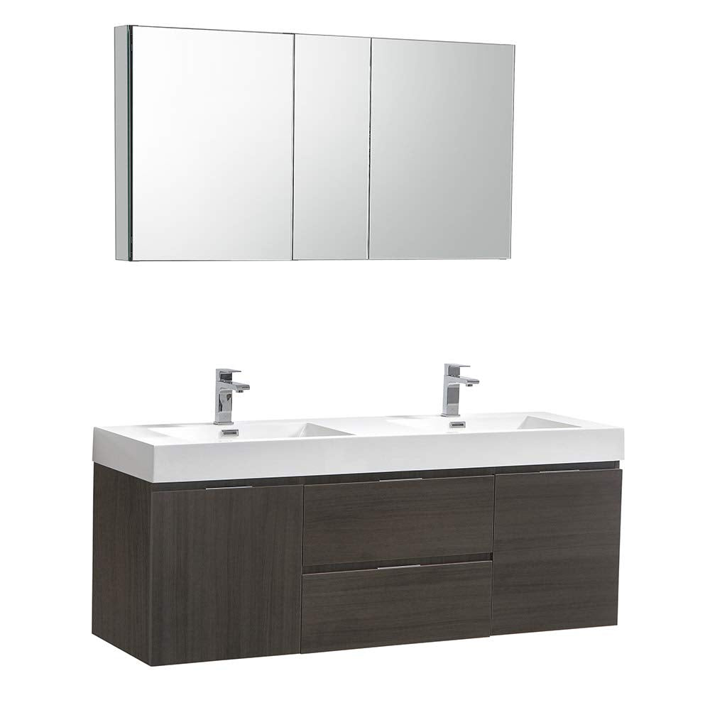 Fresca Valencia 60 Inch Gray Oak Wall Hung Double Sink Modern Wood Bathroom Vanity And Medicine Cabinet - Faucet Sold Separately