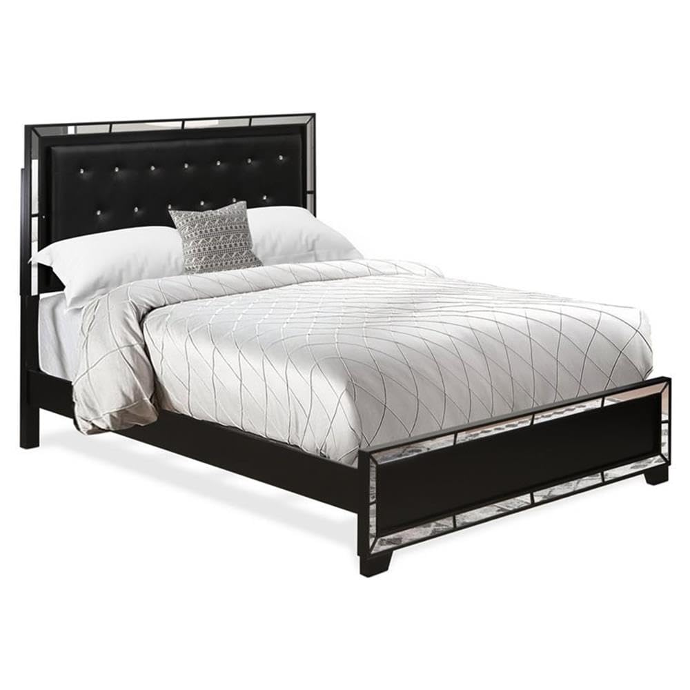 NE11-Q2NDMC 6-PC Nella Frame Set with a Button Tufted Queen Frame, Wood Dresser, Makeup Mirror, Drawer Chest and 2 Nightstands - Black Leather Queen Headboard and Black Legs