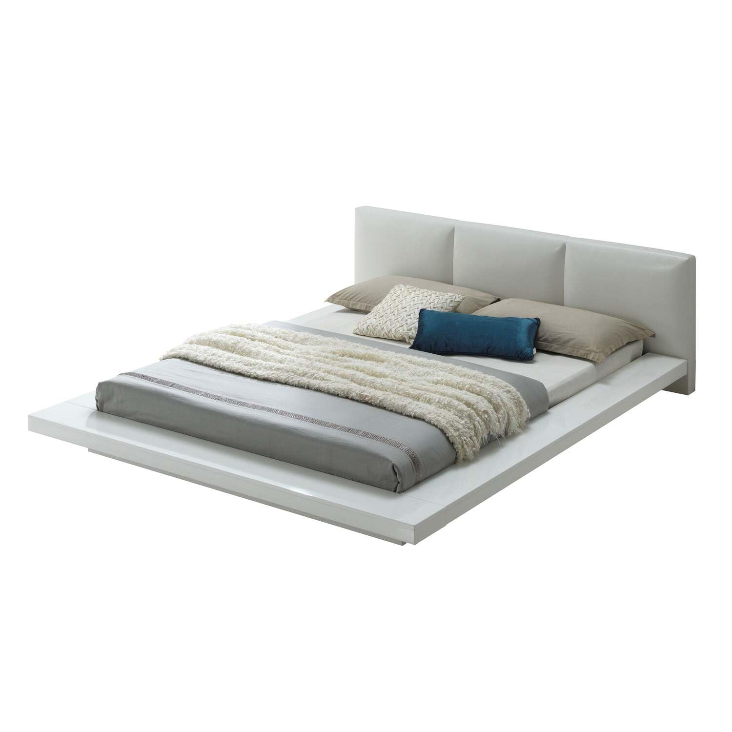 Platform Style California King Size Bed with Leatherette Headboard, White