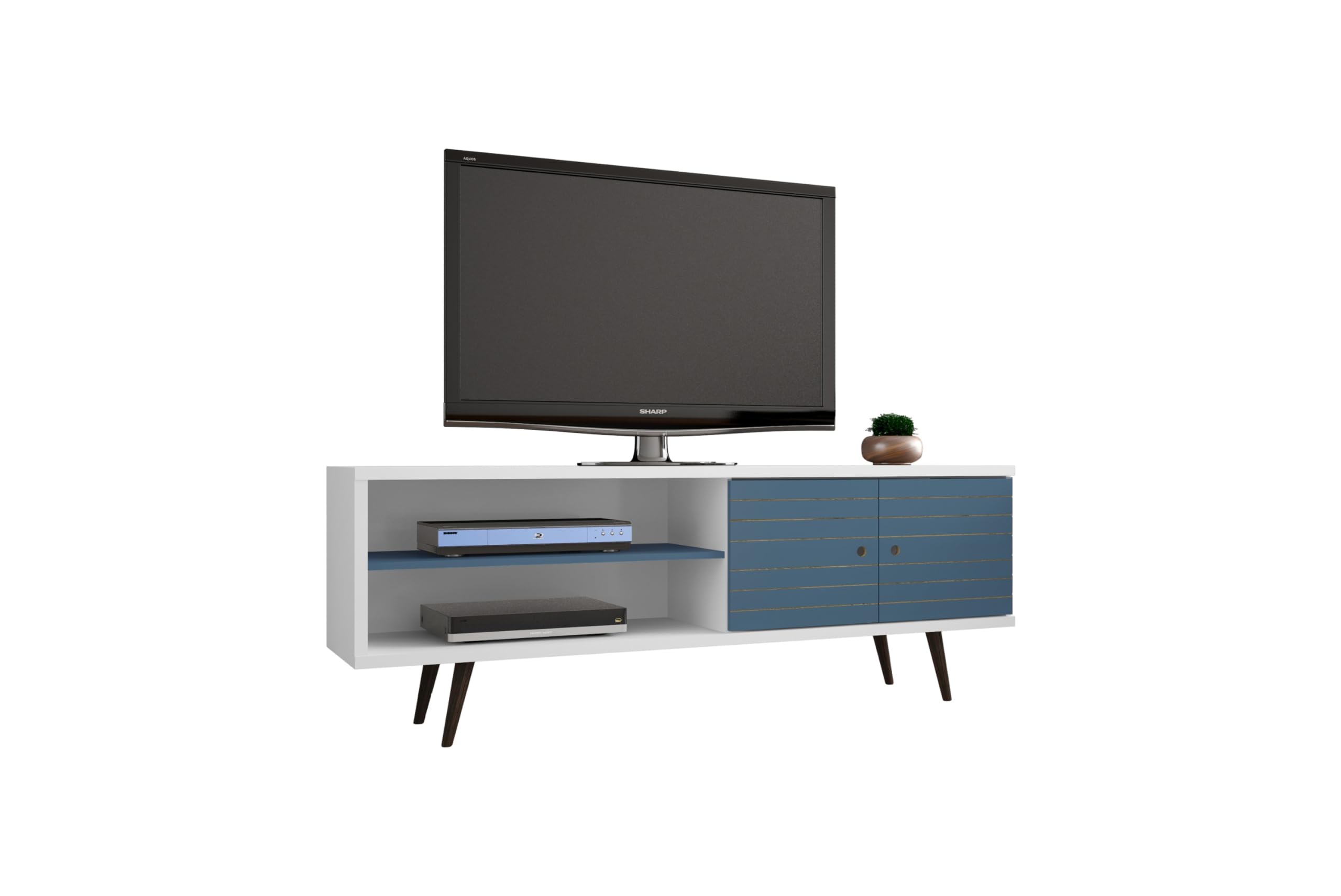 Liberty 62.99 Mid Century - Modern TV Stand with 3 Shelves and 2 Doors in White and Aqua Blue  with Solid Wood Legs