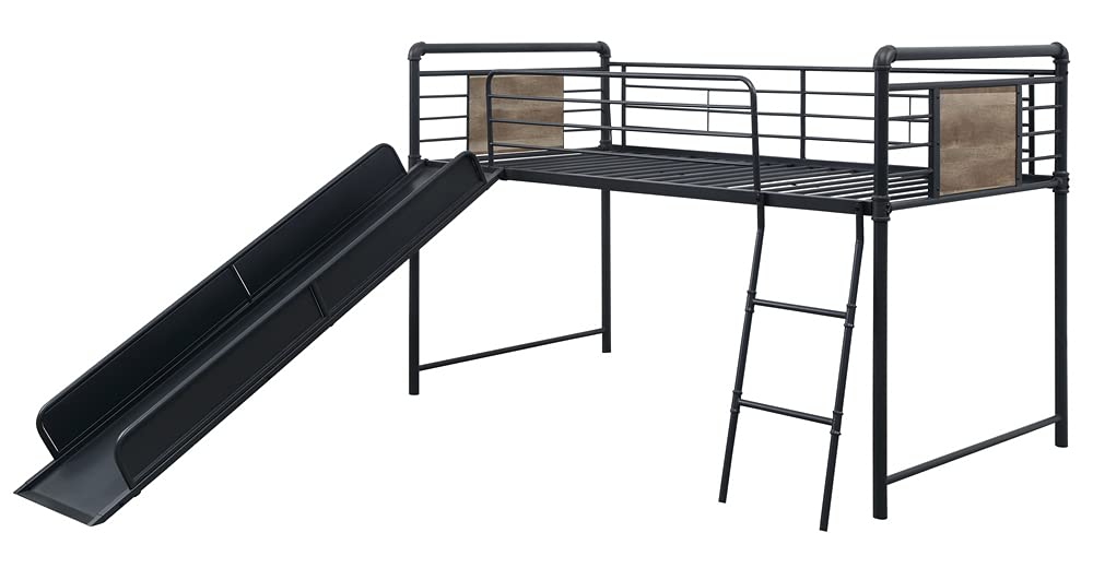 38315 Twin Loft Bed w/Slide - Headboard, Footboard, Guardrail, Slat, Slide, Ladder - Antique Oak, Sandy Black & Dark Bronze Hand-Brushed Finish