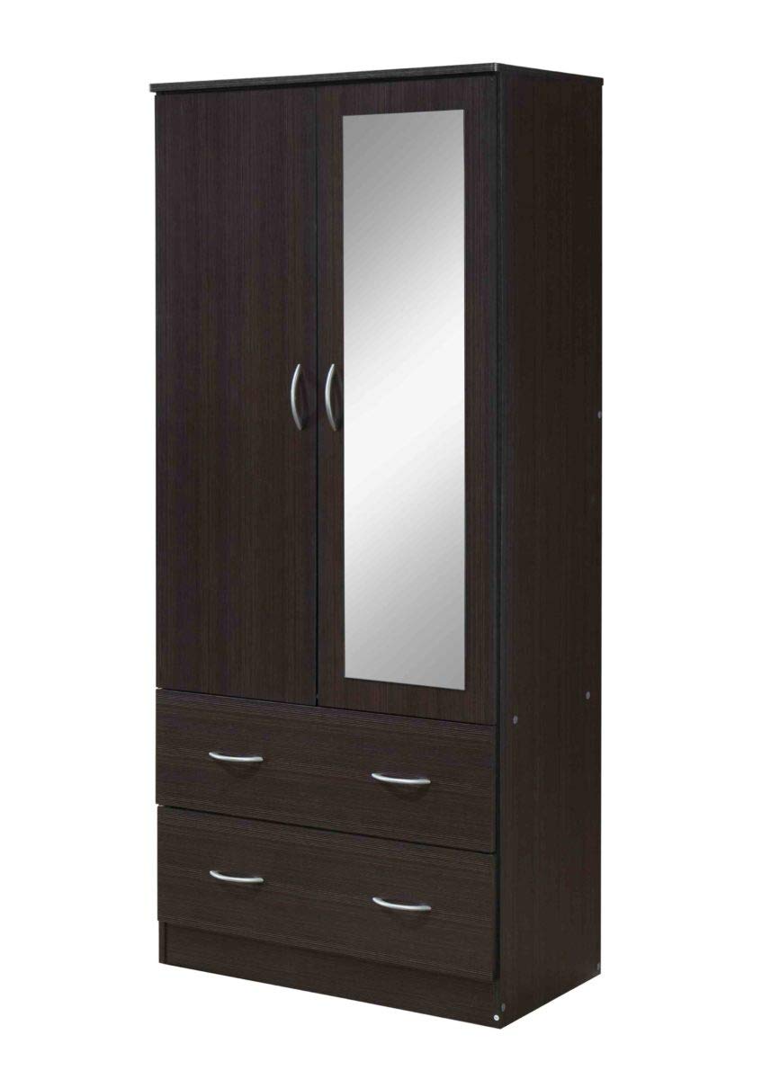 Hodedah 2-Door Armoire with 2-Drawers and Clothing Rod plus Mirror in Chocolate