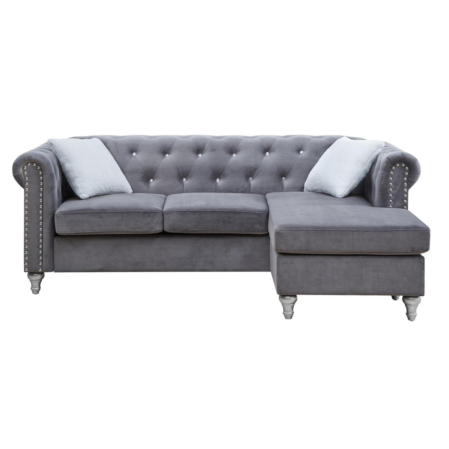Raisa 82 in. Gray Velvet 3-Seater Sofa with 2-Throw Pillow