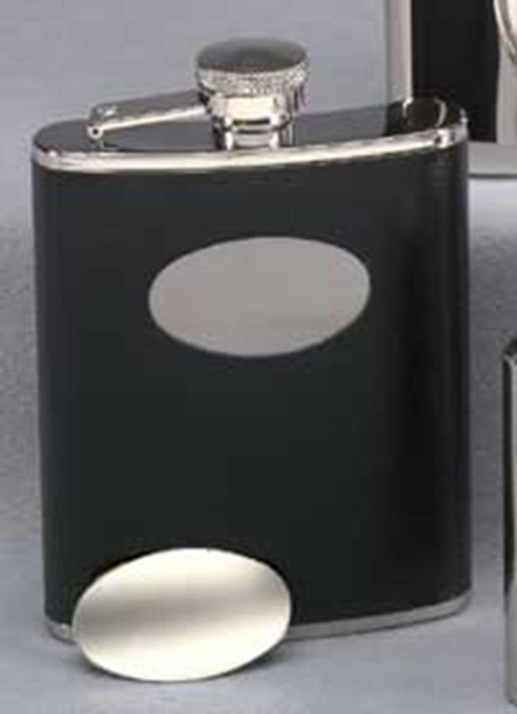 BLACK FLASK W/ ENGRAVING PLATE, SS 6 OZ
