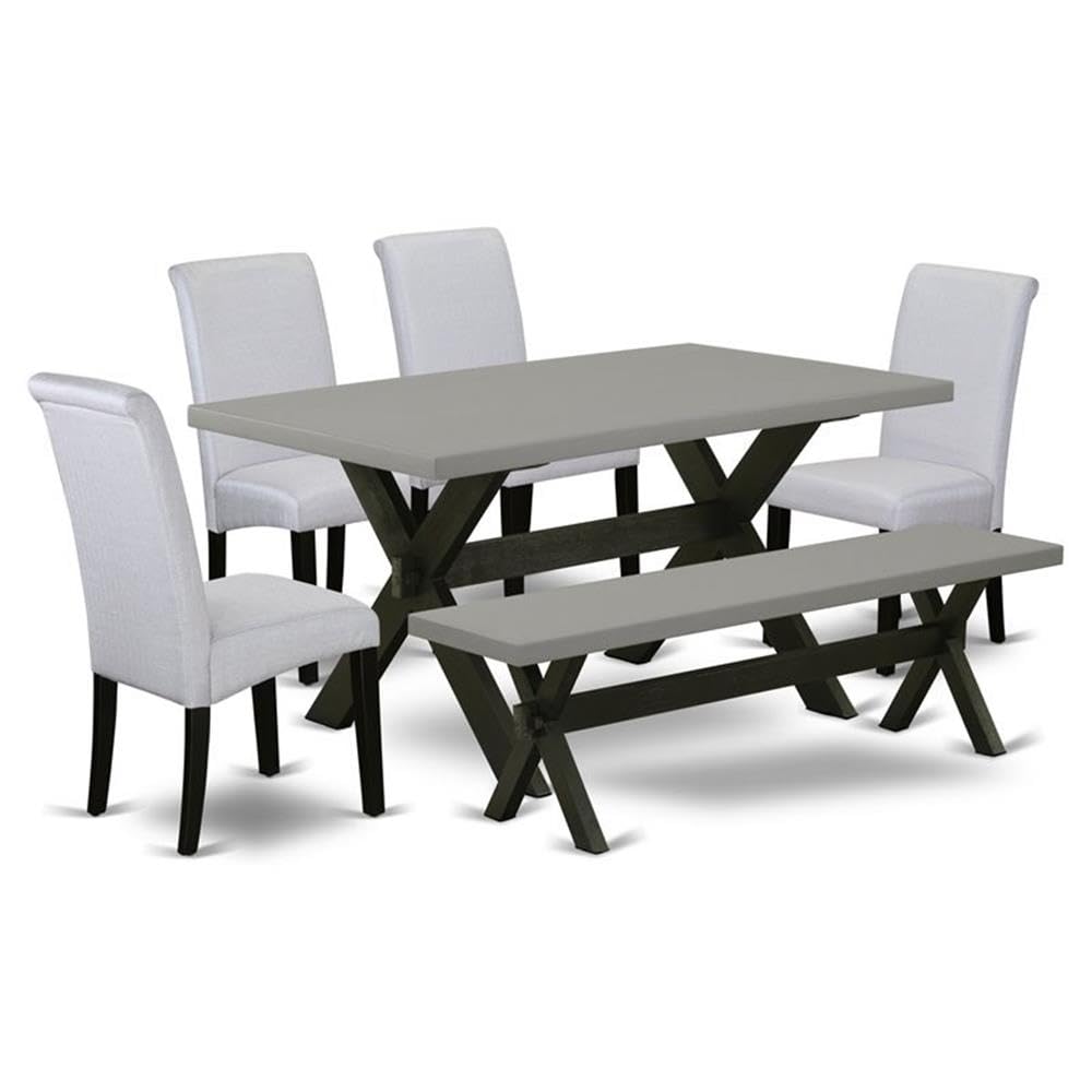 East West Furniture 6 Pc Dinner Table Set Consists of a Cement Dining Table and a Dinning Bench, 4 Grey Linen Fabric Upholstered Dining Chairs with High Back - Wire Brushed Black Finish