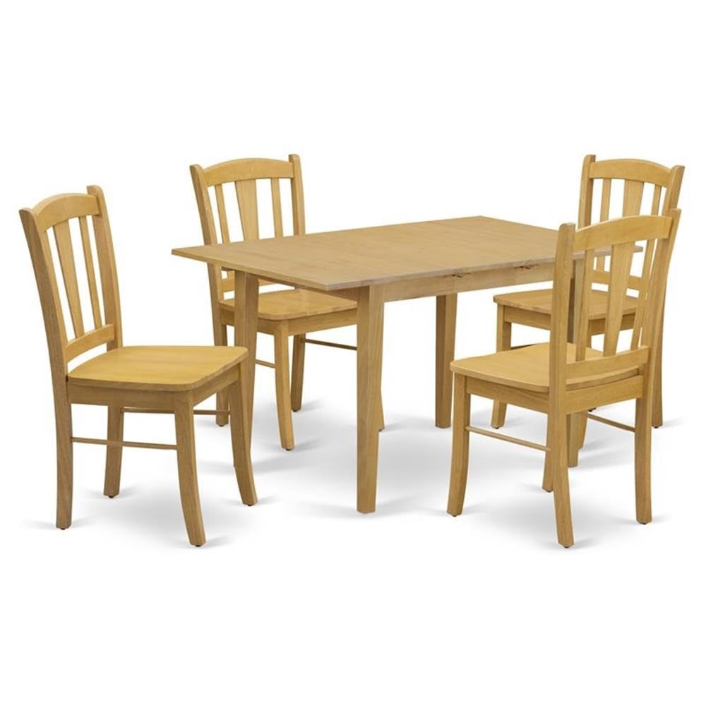 NFDL5-OAK-W - 5-Piece Kitchen Dining Room Set- 4 Dining Chair with Wooden Seat and Slatted Chair Back - Butterfly Leaf Modern Kitchen Table - Oak Finish