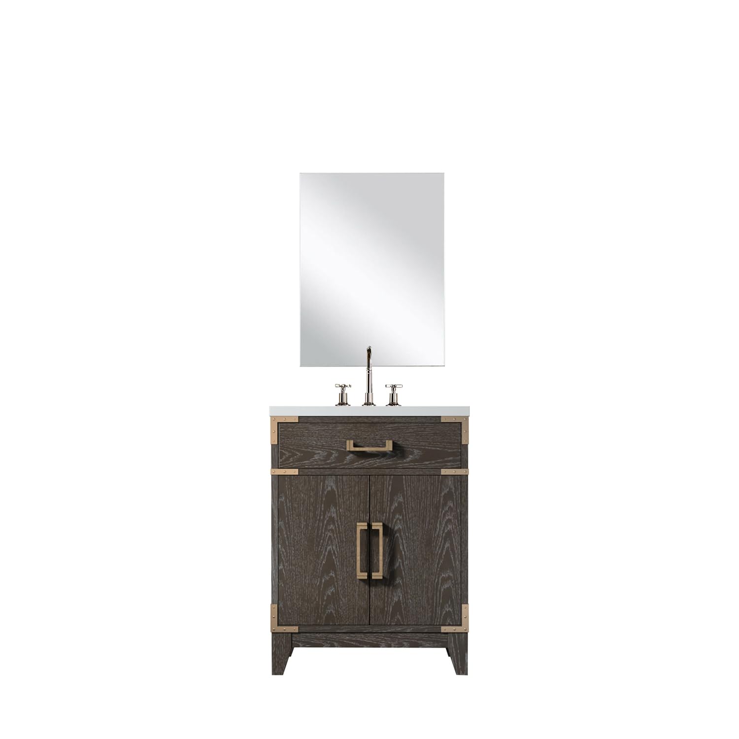 Brown Oak Single Bath Vanity 24 in. W x 18 in. D, Acrylic Countertop, 18 in. Mirror and Faucet Set
