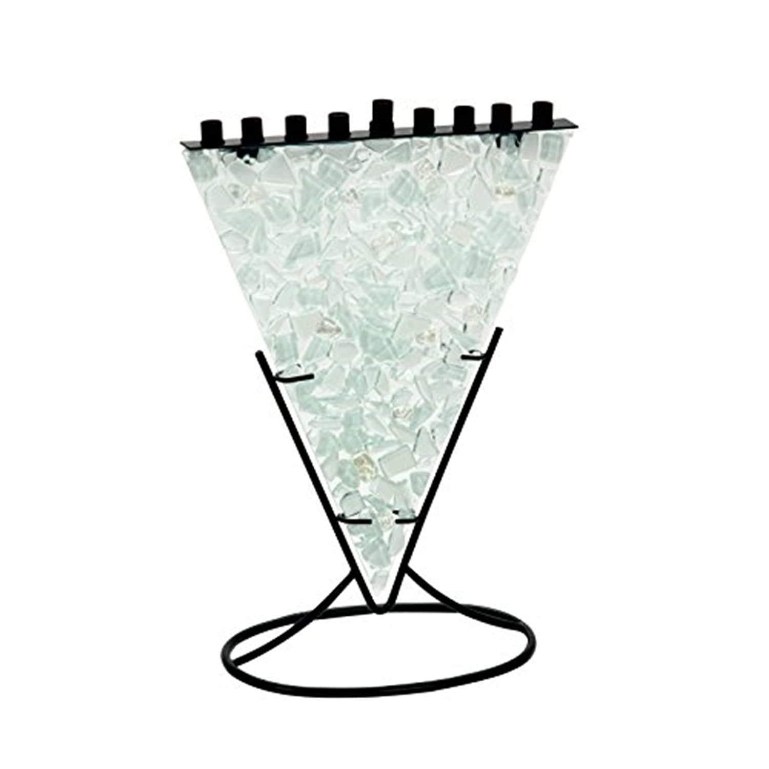 Multi Colored White, Clear and soft Aqua Tones of Fused Glass Triangle Shaped Menorah - M-749