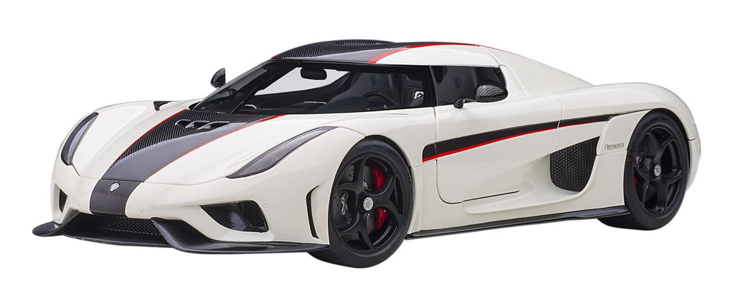 Koenigsegg Regera White with Black Carbon and Red Stripes 1/18  Model Car by Autoart