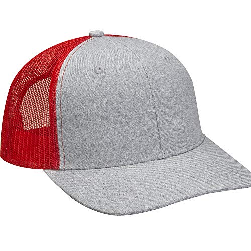 PV102 | PREMIER- 95% Polyester/5% Spandex, heather woven fabric front panels and visor, contrast color nylon mesh back panels, six-panel, Pro-Mid Structured crown, wider semi-flat visor, matching color plastic snap back closure. - SLATE/RED