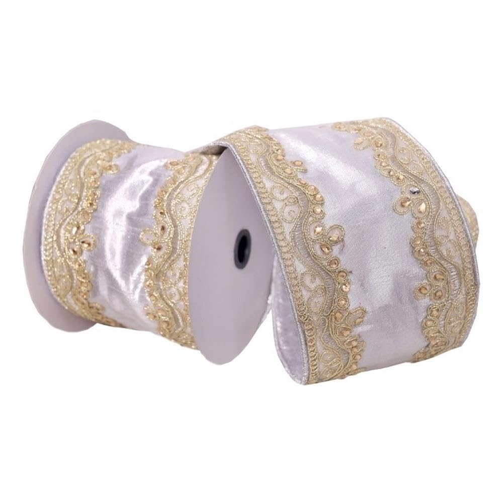 Casafoyer  4” x 5 Yards Silver with Gold Embroidery Two-Sided Wired Edge Christmas Ribbon. - (Pack Of 2)