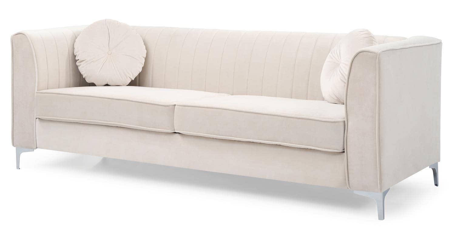Delray 87 in. Ivory Velvet 2-Seater Sofa with 2-Throw Pillow