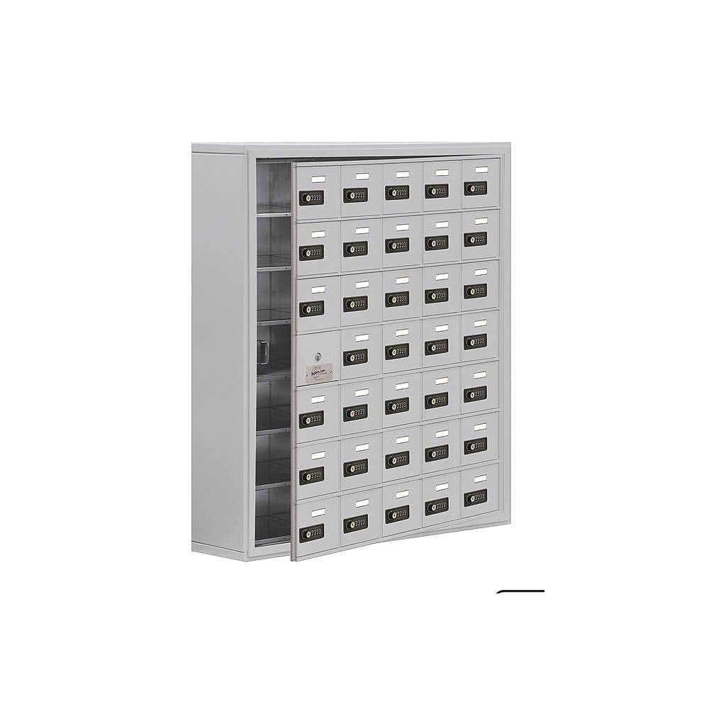 Surface Mounted Cell Phone Storage Locker with 35 A Doors (34 usable) in Aluminum - Resettable Combination Locks