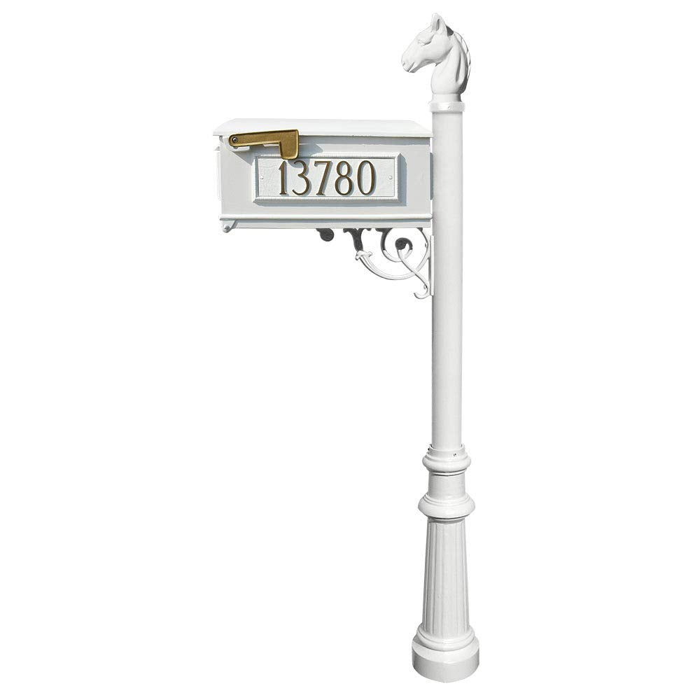 Lewiston Equine Mailbox post system with fluted base, horsehead finial and 3 cast aluminum personalized address plates  , White