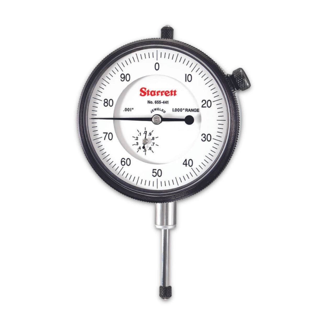 Starrett 655 Series Dial Indicator With Jewel Bearings And Lug-On-Center Back - White Face, 0-1.000' Range, 0-100 Dial Reading, .001' Graduations - 655-441J