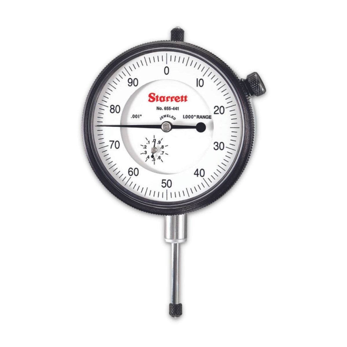 Starrett 655 Series Dial Indicator With Jewel Bearings And Lug-On-Center Back - White Face, 0-1.000' Range, 0-100 Dial Reading, .001' Graduations - 655-441J