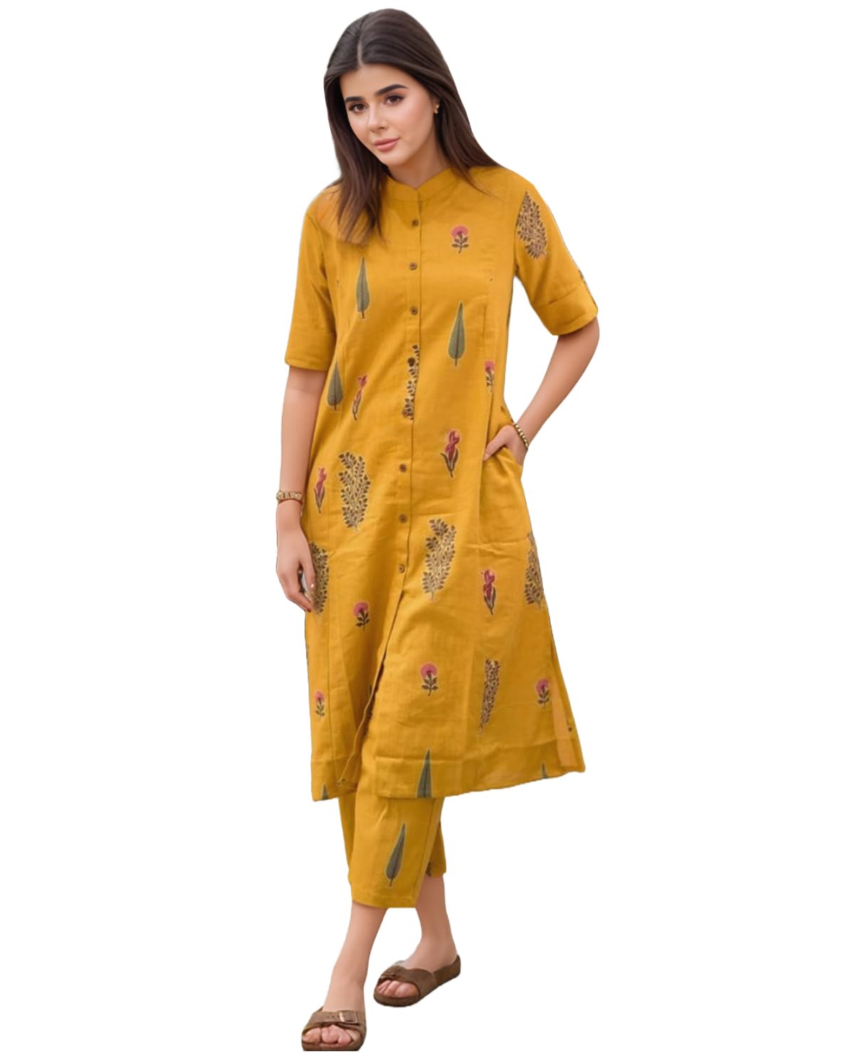 Gosriki WomenS Rayon Viscose Printed A-Line Kurta With Pant (Barkat Yellow-Vks03-Gs_3Xl_Yellow_Xxx-Large)