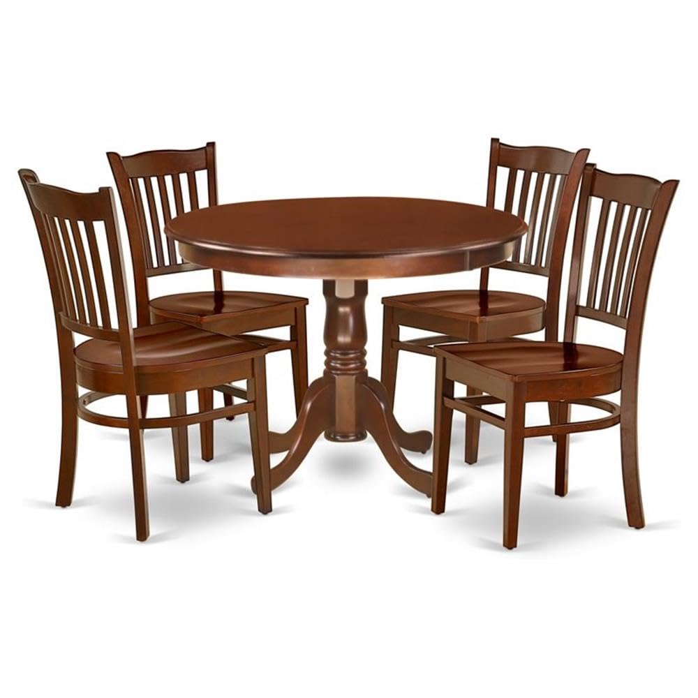 East West Furniture HLGR5-MAH-W 5 Piece Dining Room Furniture Set Includes a Round Dining Table with Pedestal and 4 Wood Seat Chairs, 42x42 Inch, Mahogany
