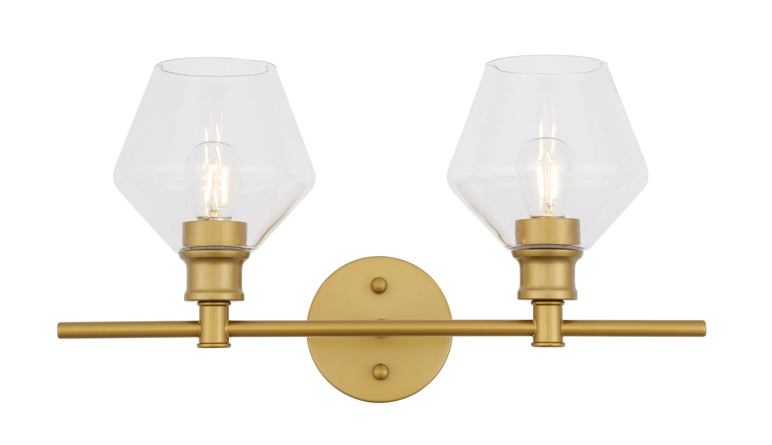Living District Gene Industrial Mid-Century Modern 2 Light Entryway And Bathroom Wall Sconce In Brass And Clear Glass