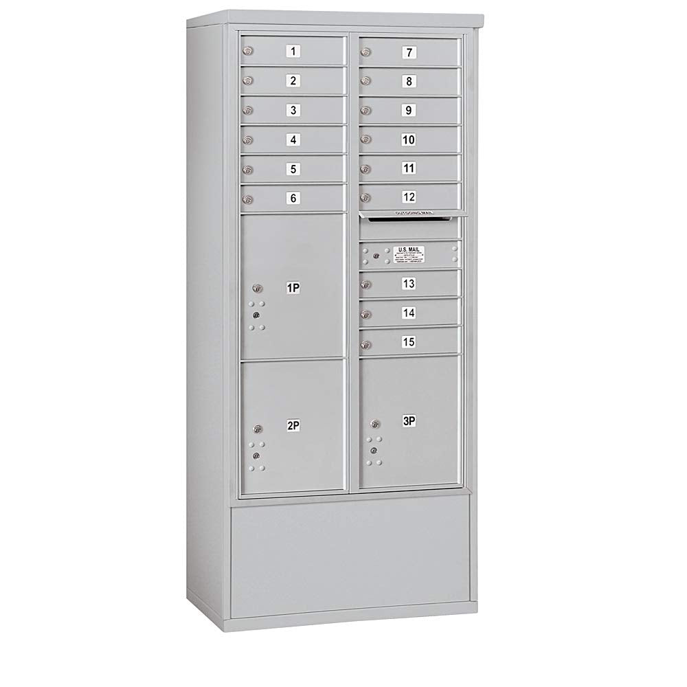 Maximum Height Free-Standing 4C Horizontal Mailbox with 15 Doors and 3 Parcel Lockers in Aluminum with USPS Access