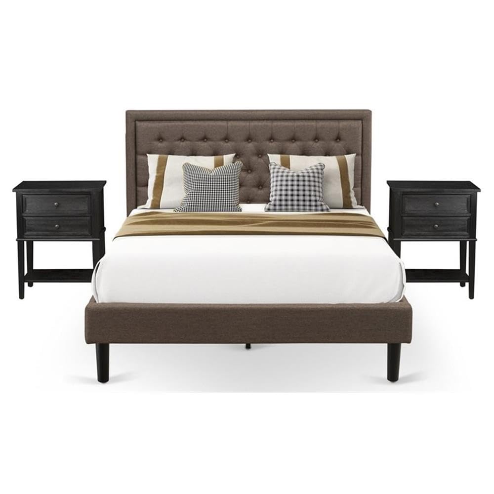 KD18Q-2VL06 3 Pc Queen Size Bed Set - 1 queen platform bed Brown Linen Fabric Padded and Button Tufted Headboard - 2 Small Nightstand with Wooden Drawers - Black Finish Legs