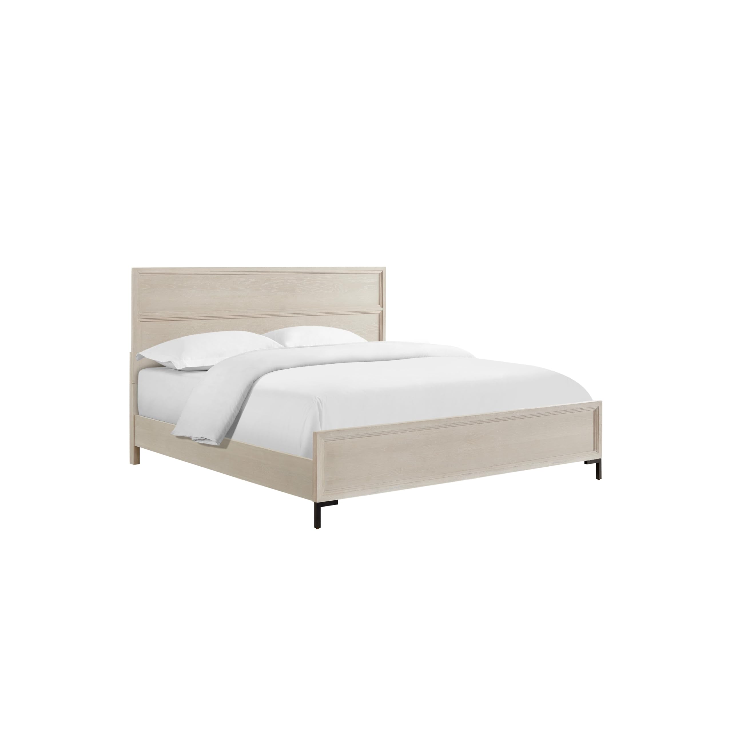 Bedy King Platform Bed, Black Metal, Antique White Panel Headboard